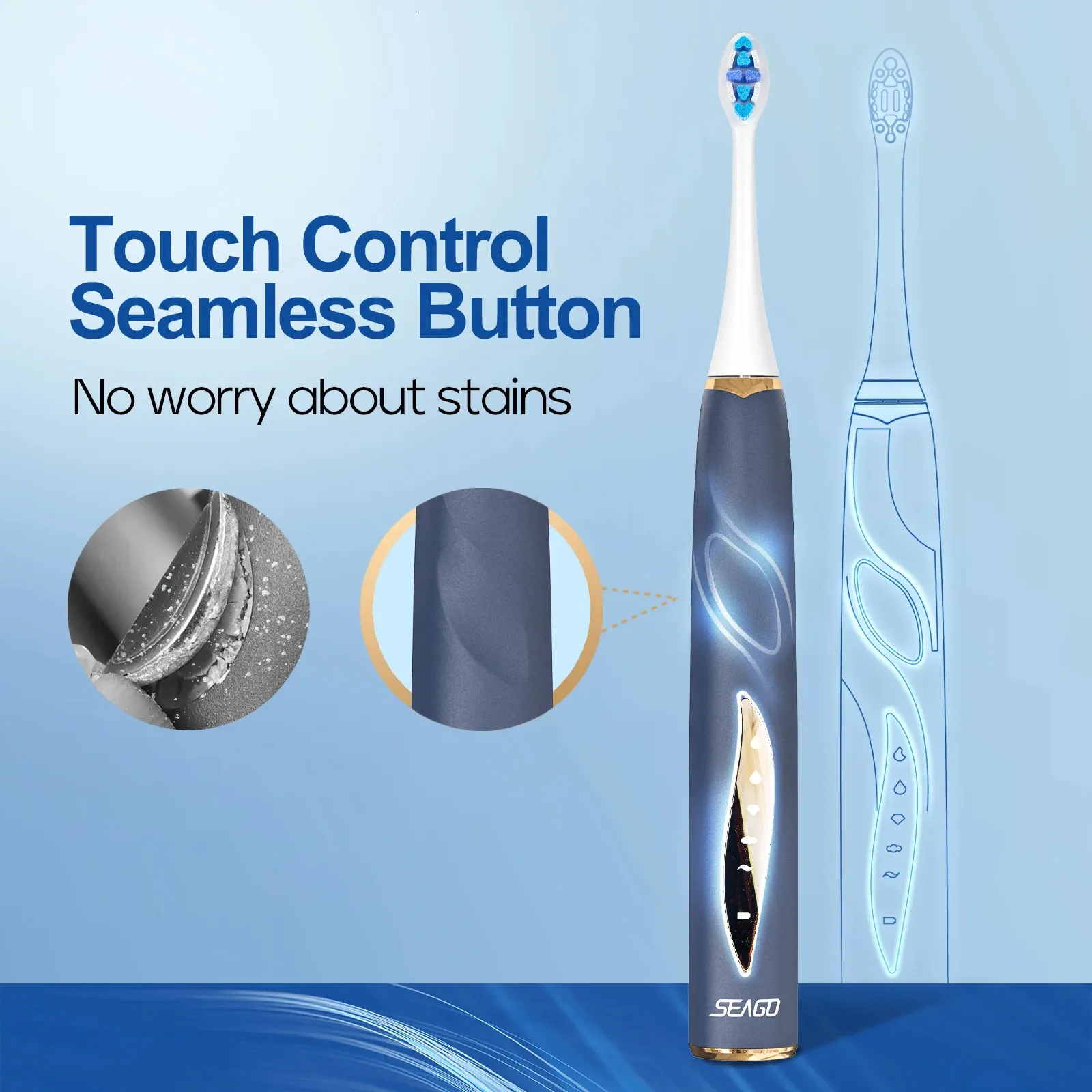 Seago Sonic Tooth Brush Electric Seamless Touch Control Knapptryck Sensor 5 Lägen IPX7 Vattentät laddningsbar 240511