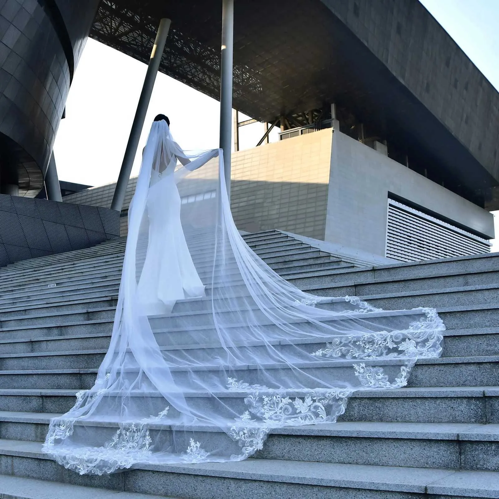 Gioielli per capelli Velo lungo da sposa a cattedrale Veli da sposa a 1 strato Applicazioni in pizzo Bordo Mantilla Accessori da sposa larghi per la sposa_voghion.com