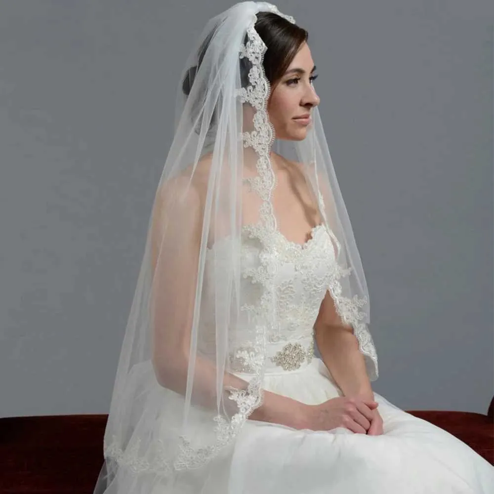 Gioielli Velo corto Ciglia Bordo in pizzo Veli da sposa 1 livello Lunghezza gomito Velo Accessori per capelli sposa Addio al nubilato da sposa_voghion.com