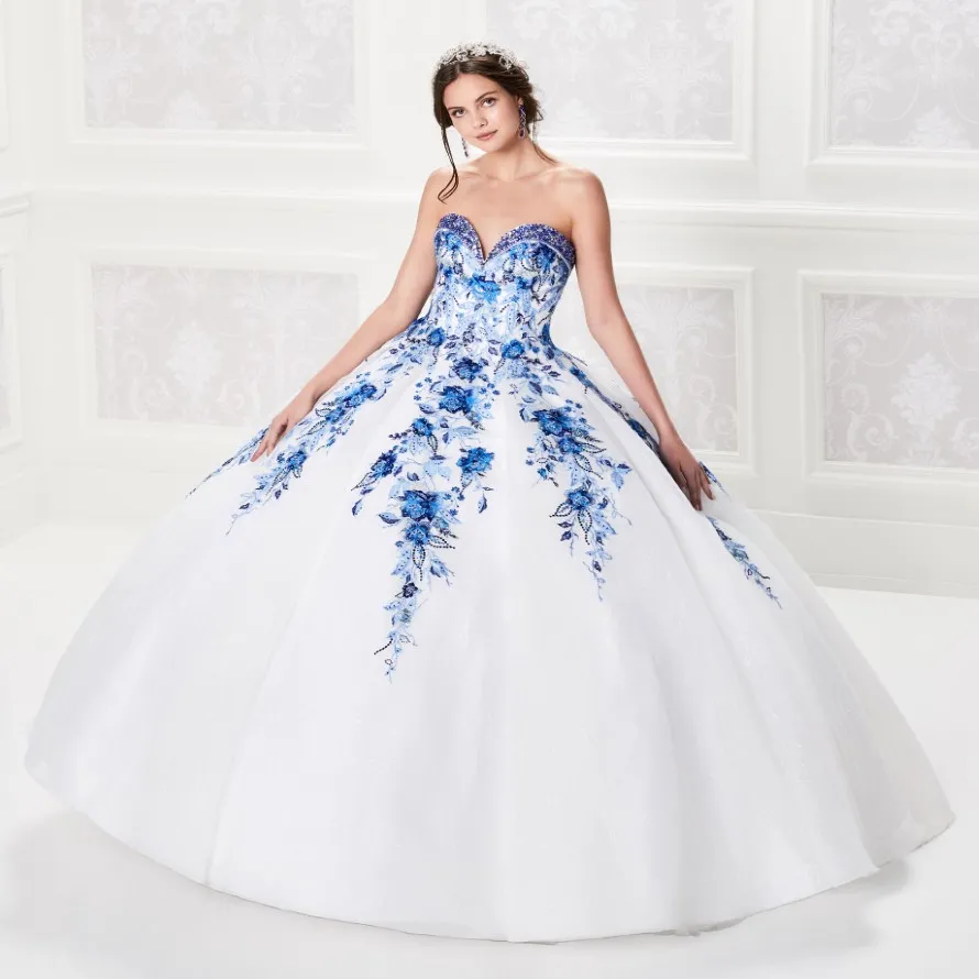 White Quinceanera Dresses with Royal Blue Lace Appliqued Ball Gown Prom Dress Vestido De Festa Customize Sweet 16 Gowns 306P