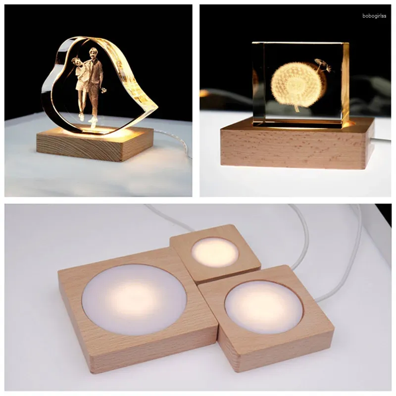 Dekorative Teller 6/8/10 cm quadratisch Holz LED LED Light Display Stand Desktop Kristallglasharz Kunst Ornamente Nachtlampe Basis für Heimgeschäft