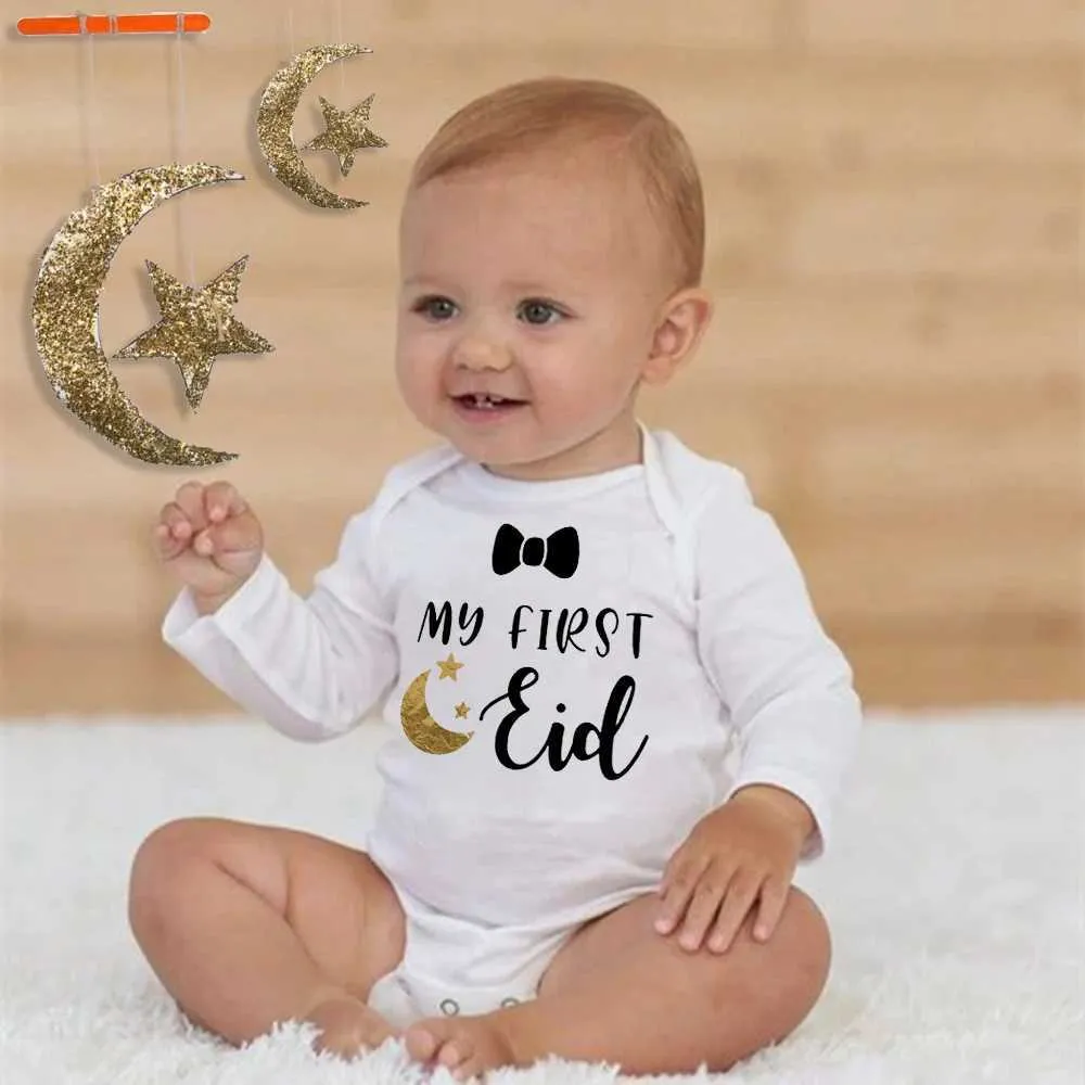 Rompers mijn eerste Eid pasgeboren baby romper baby Eid lange mouw bodysuit eid boy girl ramadan kleren islamitische moslim feestelijke outfit cadeau t240509