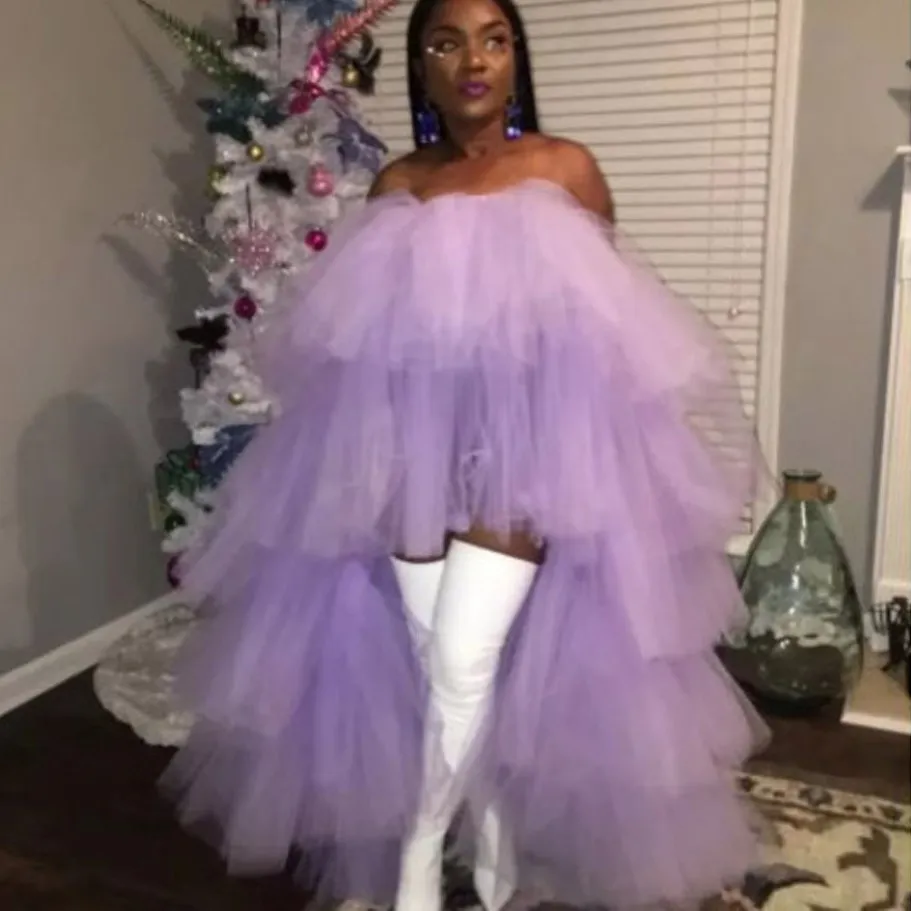 Lavender Tulle Hi Low Homecoming Dress Straplees Party Dresses Tiered Ball Gown Cocktail Dress High Low Skirt Tutu Women Formal Vestido 311S