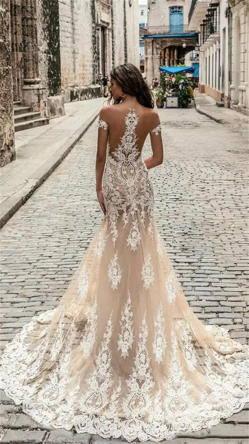 Champagne Mermaid Wedding Dress with Ivory Lace Appliques, Deep Plunging V-Neck, Illusion Short Sleeves, Sheer Back, Court Train from Dhgate Mermaid Wedding Dresses - price 213.23 Champagne Mermaid Wedding Dress with Ivory Lace Appliques, Deep Plunging V-Neck, Illusion Short Sleeves, Sheer Back, Court Train from Dhgate Mermaid Wedding Dresses - price 213.23