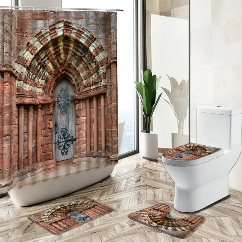 Duschgardiner vintage bågad röd tegelvägg gardin gammal trädörr europeiska kyrkan badrum icke-halk mattor toalett täckgolvmatta set
