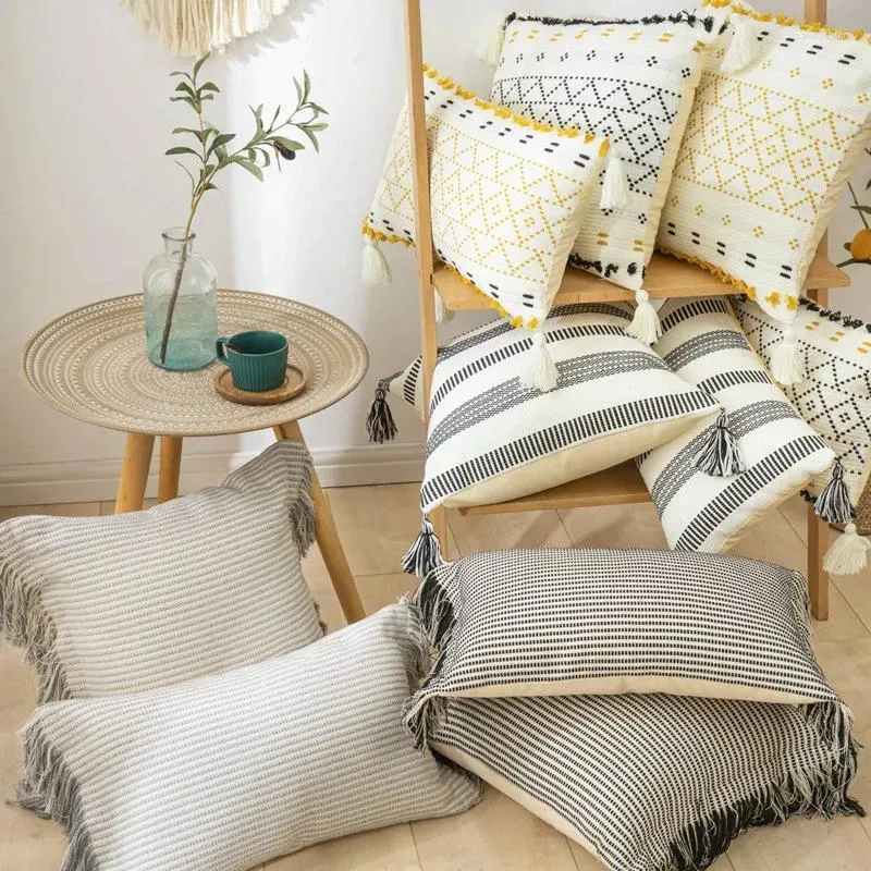 Pillow Yellow Black Cotton Jacquard Cover 45x45cm/30x50cm Tassels Sofa Bed Home Decoration PillowCase Sham