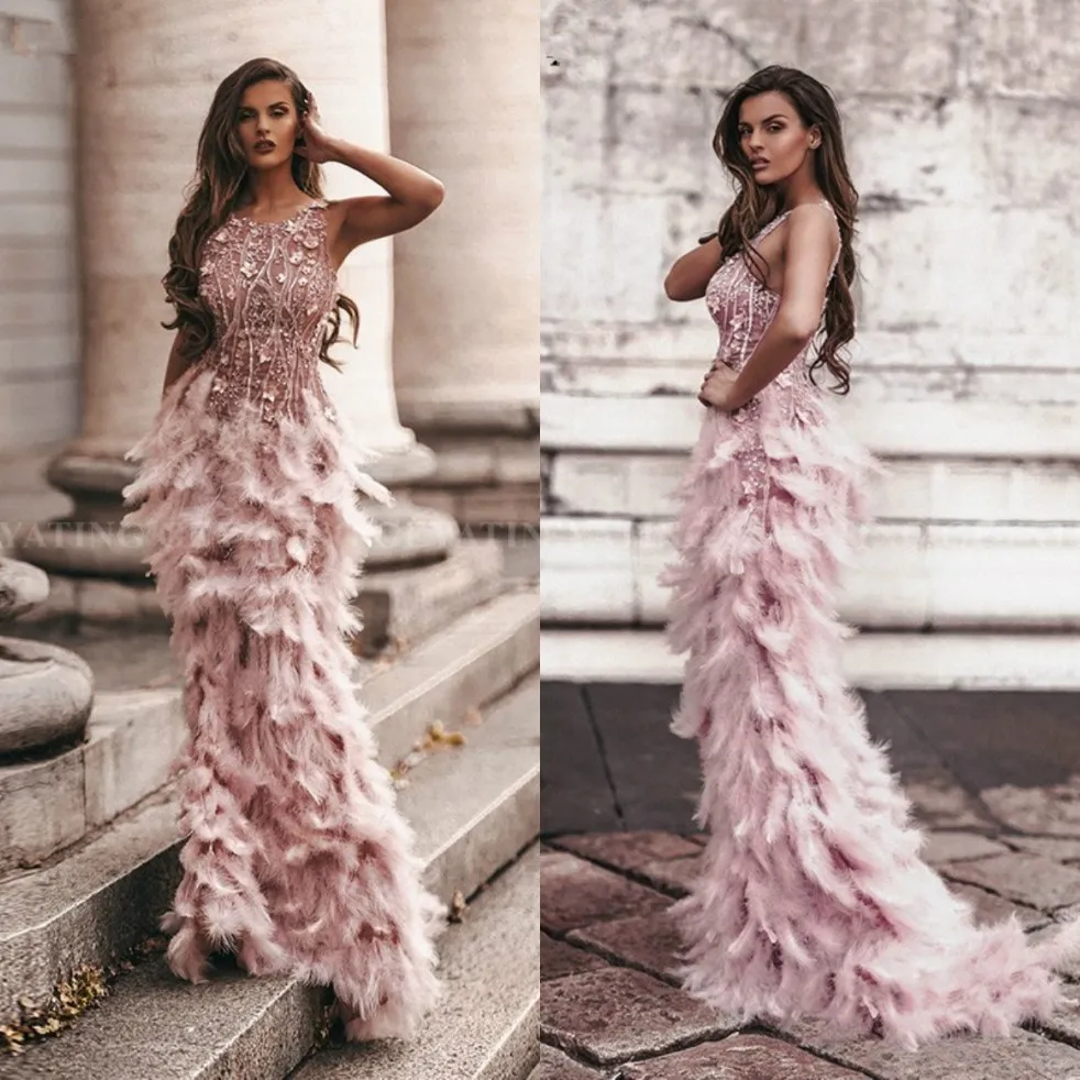 Arabski różowy 3D Floral Syrenca Feathers Prom Sukienki 2K20 Długie afrykańskie suknie wieczorowe Pół formalne suknia Gala Graduation Suknia 210m