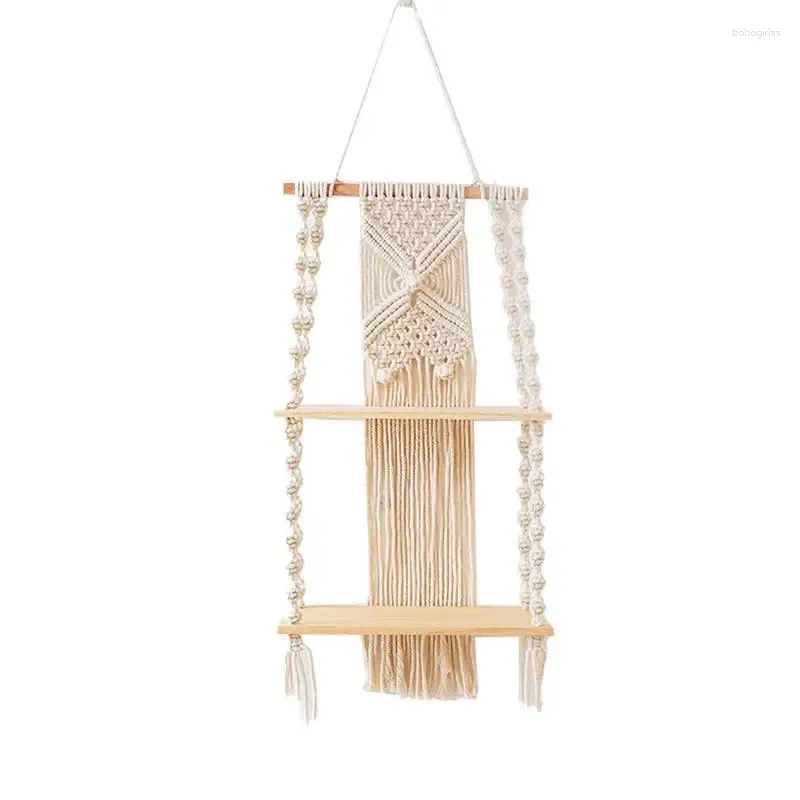 Dekorativa plattor makrame vägg flytande hylla bärbar 2 nivå stor vit handvävd tofs tapestry rack för hemväxthållare