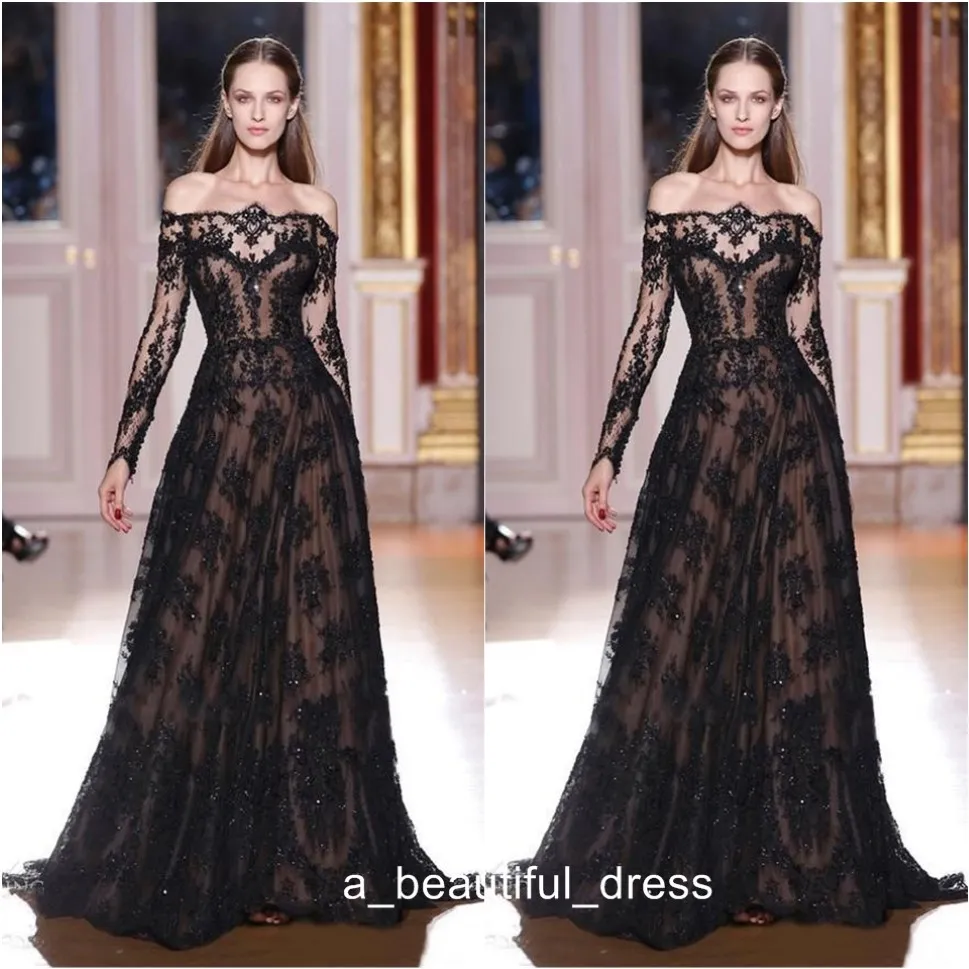 Black Lace Zuhair Murad Robes de soirée à manches longues hors de la ligne de fête des robes de fête Vestido de Festa Longo Haute Couture Ed11 211a