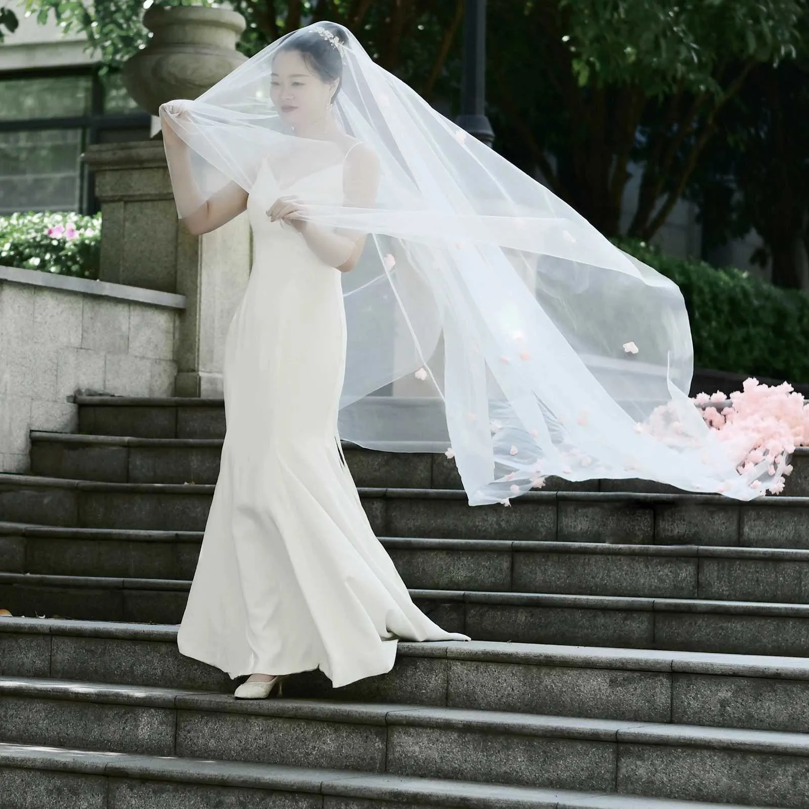 Hair Jewelry V95 Wide Pink Flower Appliqued Wedding Veil Long Cathedral Style Illusion 2 Tier with Comb Bridal_voghion.com