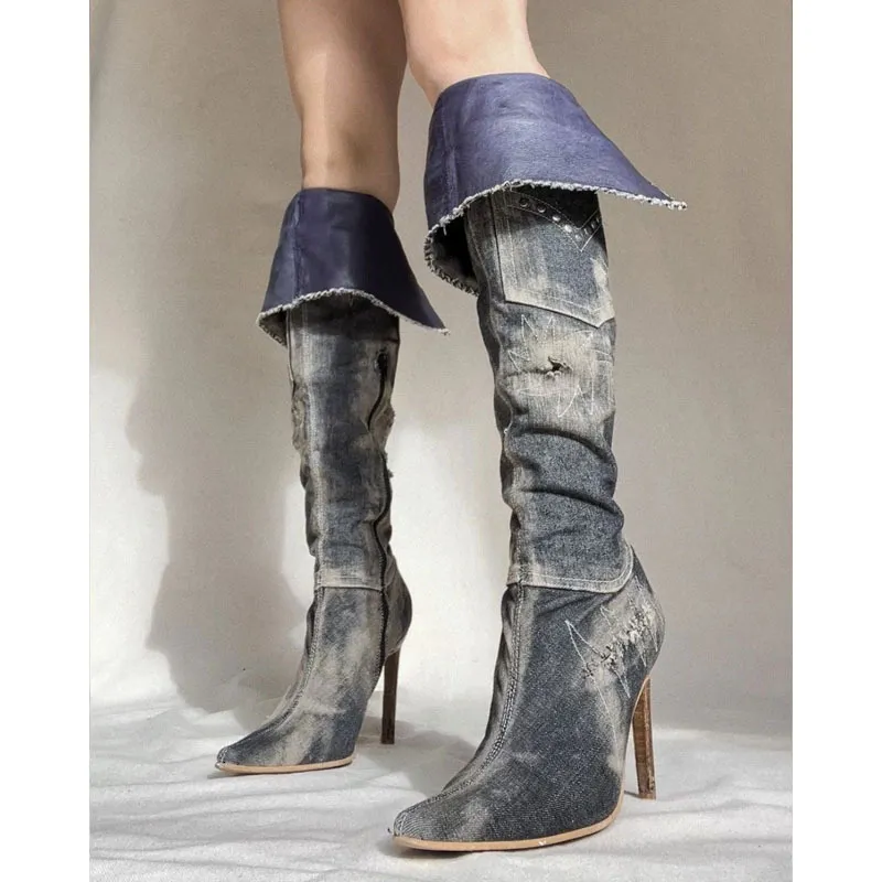 Boots Denim pour femmes pointues Toe sexy cristal zip knee bottes hautes talons hauts bottes de cowboy plus taille chaussures de créateur navire gratuit 230314
