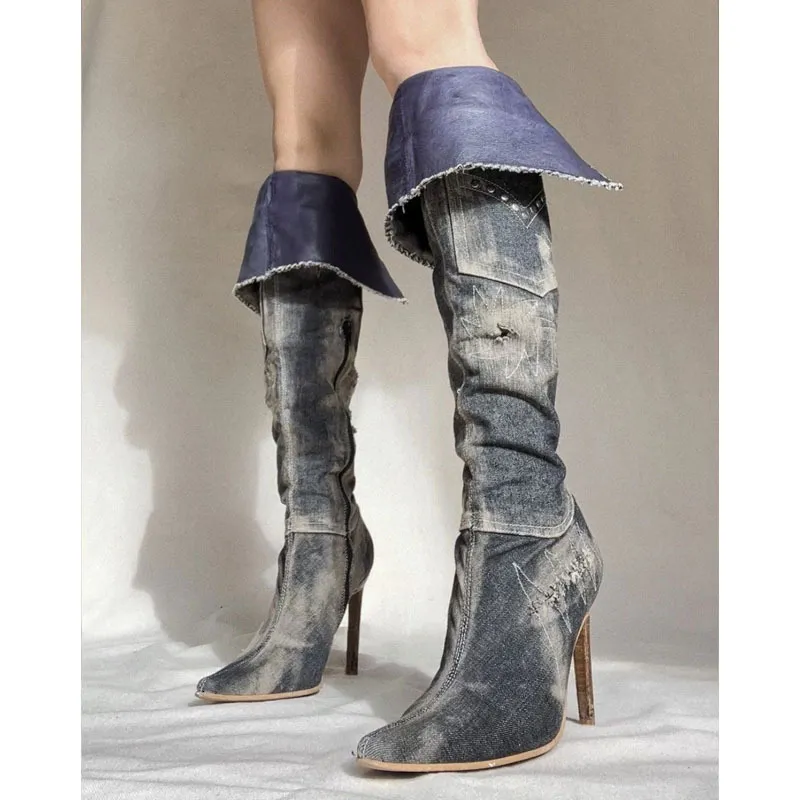 Sexy Crystal Stiletto Kitten Heel Knee Boots Cowboy Boots For Women Denim Pointed Toe Knee High Plus Size Style 230314 From Ning03 157.34 DHgate.Com