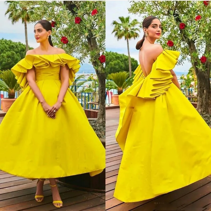 Robes de bal courtes jaune vif de l'épaule Sexy Satin Backless Satin Robes de soirée Robe de fête formelle sud-africaine 231d