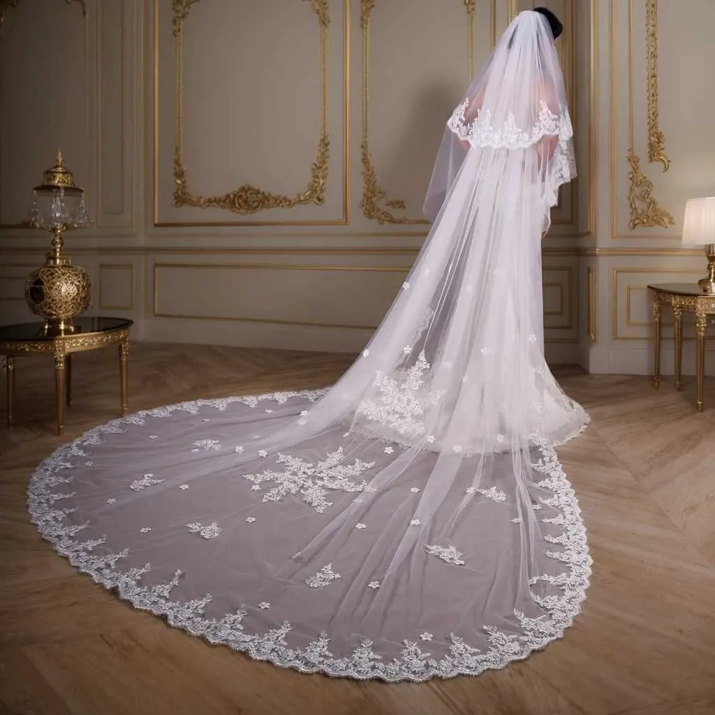 Gioielli per capelli Velo da cattedrale a 2 livelli Applicazioni in pizzo Veli da sposa con fard Morbido mantiglia Tulle Accessori da sposa per_voghion.com