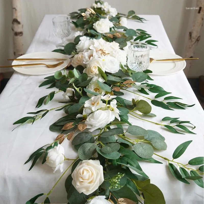 Flores decorativas Casamento personalizado Artificial Seda Rose Table Floral Runners