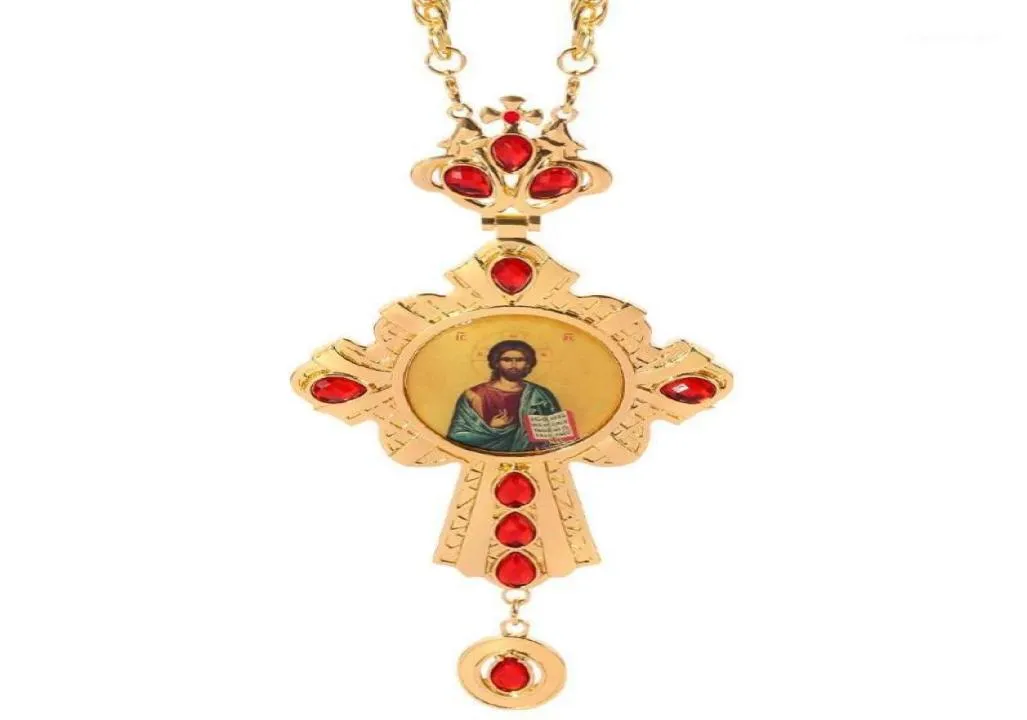 Pendant Necklaces Cross Necklace Zircons Crystals Church Golden Priest Crucifix Orthodox Baptism Gift Religious Icons Pendant17003831