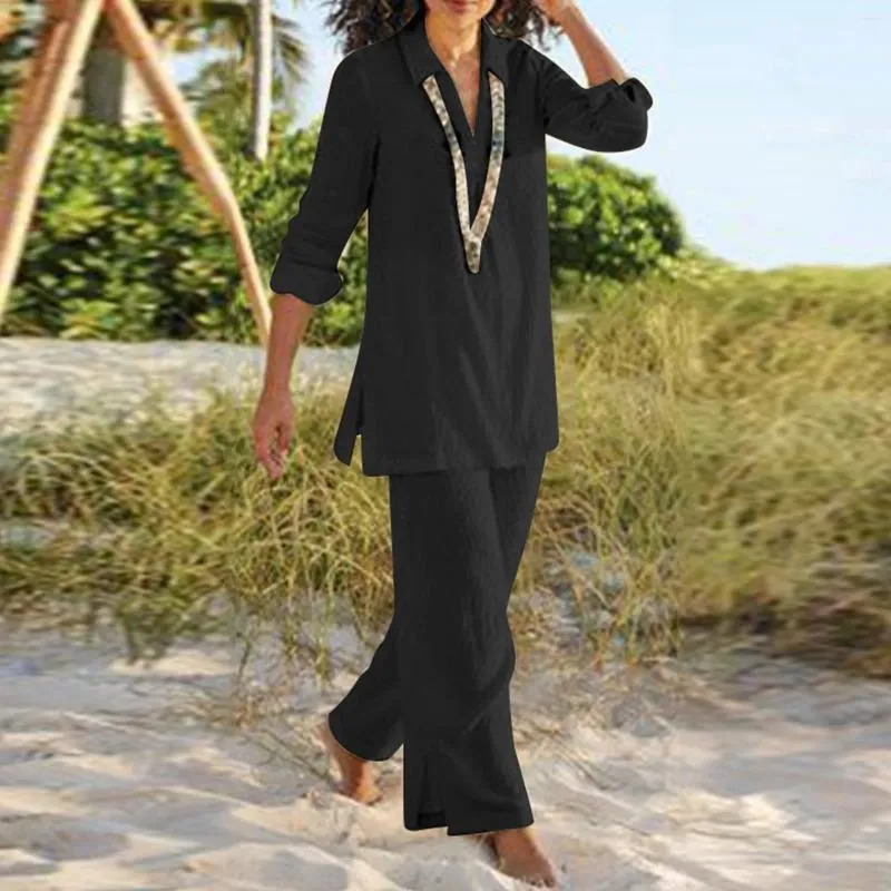 レディースツーピースパンツコットンリネン2セット女性ルーズストリートウェアビーチホリデー特大のブラウスターンダウンカラーシャツプラスサイズの衣類