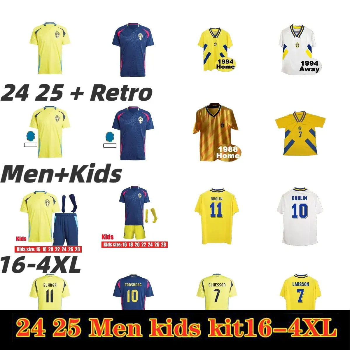 2024 Svezia Shirt calcistica Larsson da calcio maschile retrò 1994 1988 National Team Retro Dahlin Brolin Ingesson Home e Away Football Shirt Football Shirt Kit per bambini