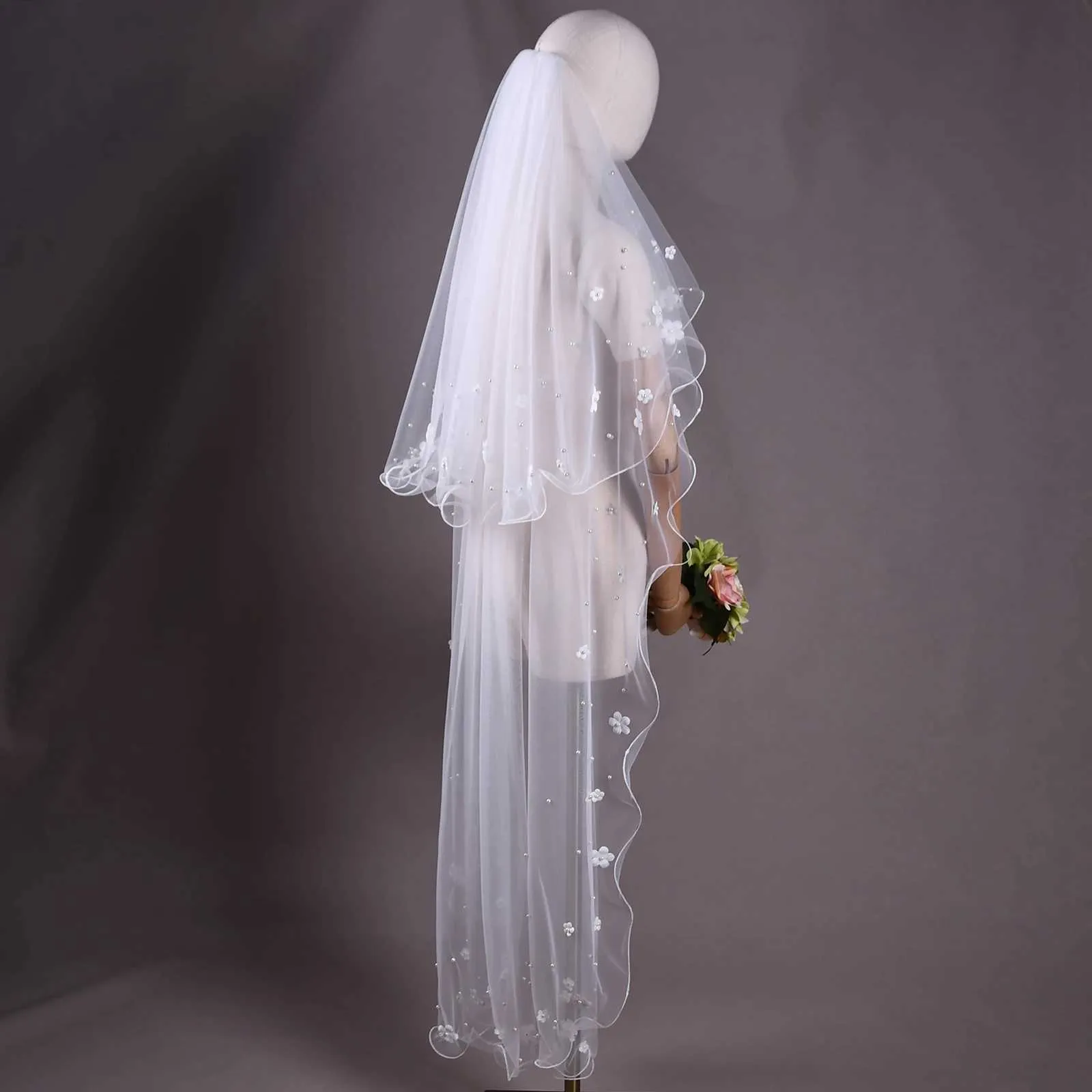Bijoux pour cheveux V217 2 niveaux de voile de perles couvrant le visage fleurs 3D voiles de mariée en tulle souple avec peigne longs accessoires de mariage_voghion.com