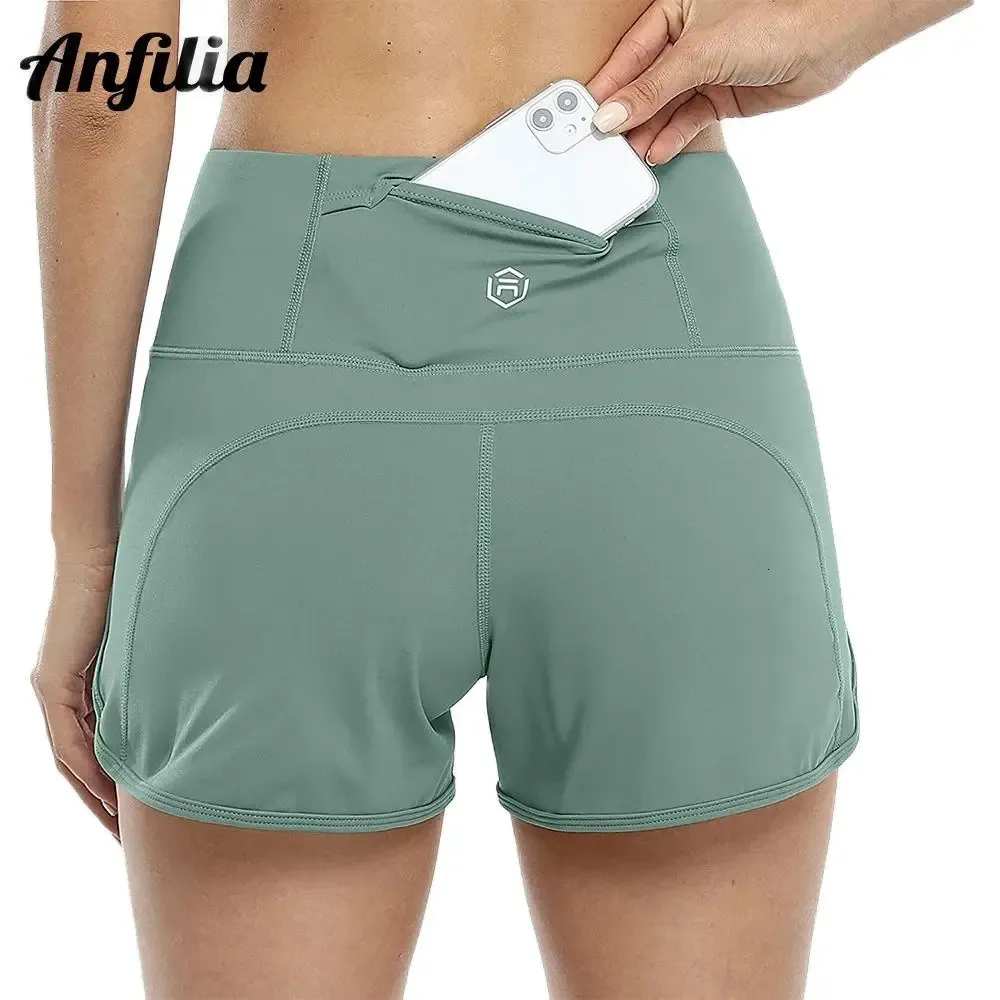 ANFILIA KVINNOR YOGA SHORTS RUNG JAGGING SOLID GYM BIRE MIDWAIST SOV MED BACK POCKETS SPORT 240429