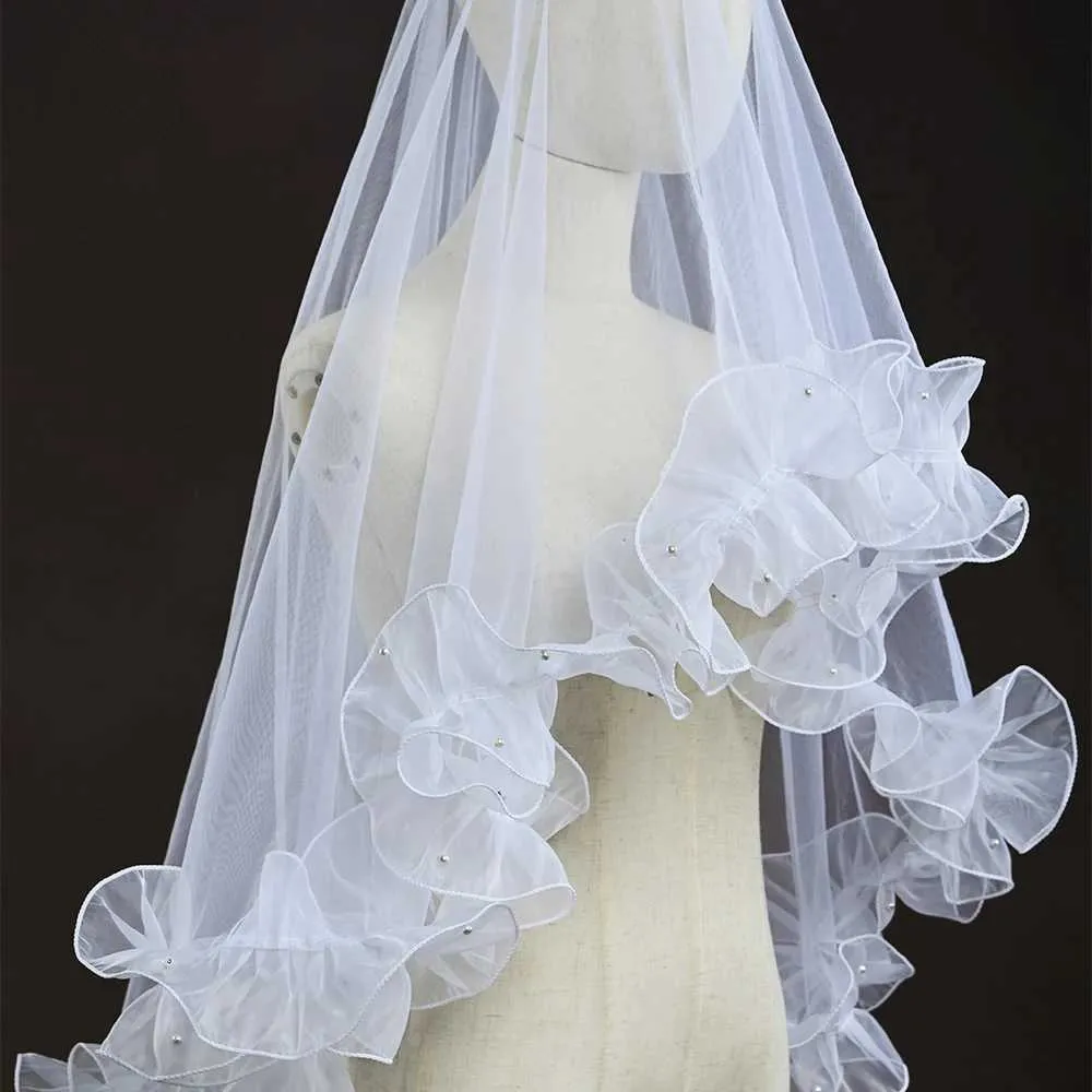Bridal Veil Romantic 1 Tier Organza Ruffled Edge For Wedding_voghion.com