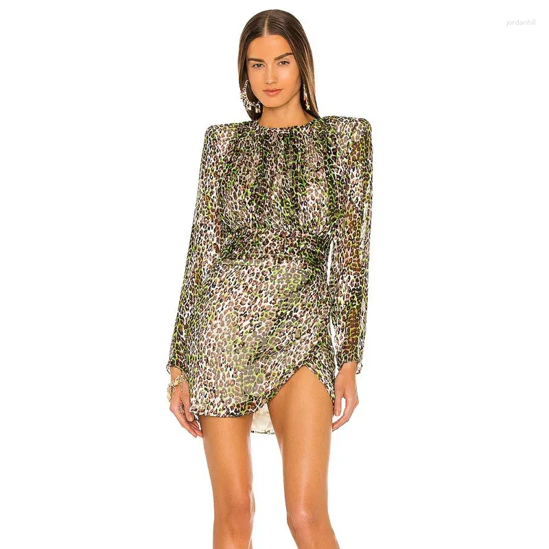 Robes décontractées Leopard Floral à manches longues jupe courte sexy mince robe hanche ouverte arrière rond