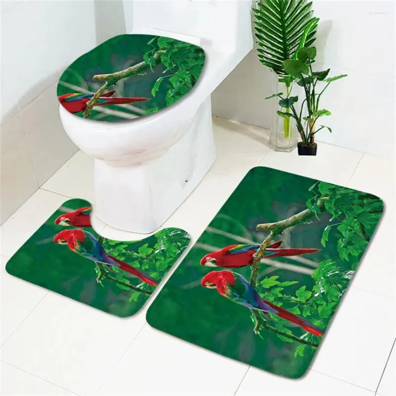 Baignoire de bain Tropical Bird Salle de bain trois pièces Ensemble de tapis de parrot tapis de tapis non glissé Absorbant l'eau