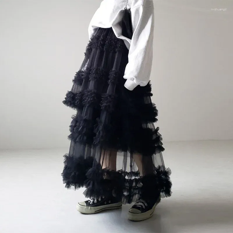 Юбки сцепляются длинная юбка из тюля для женщин 2024 Эластичная талия Элегантное высокое шариковое платье Женское твердое многослойное марле Q939