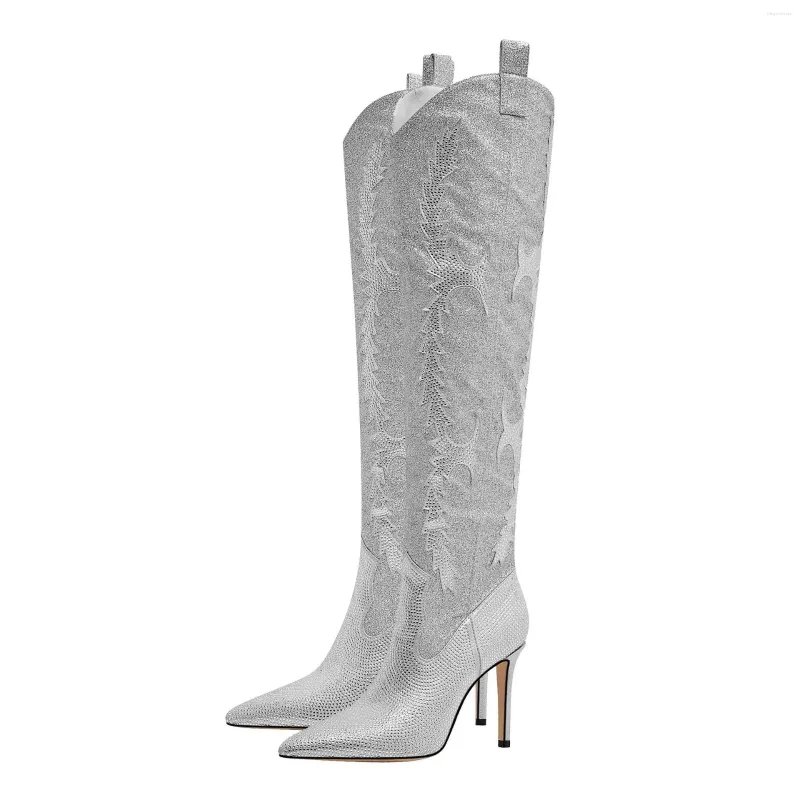 Bottes pointues Toe Full Diamond Patchwork Talons hauts Over-the-lene côté Zipper Silver Robe Banquet Banquet Runway Chaussures 2024