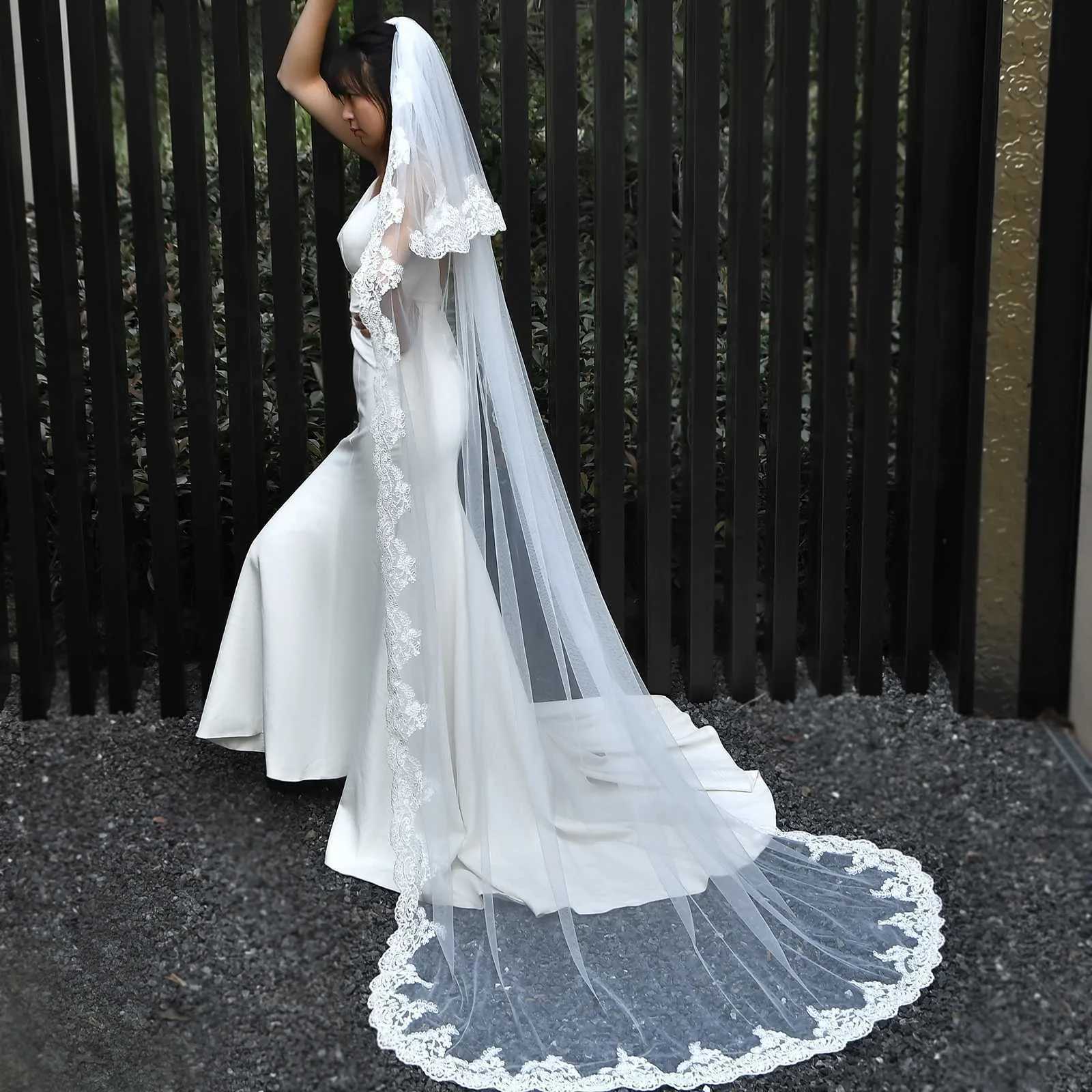 Gioielli per capelli M24 Veli lunghi 2 strati Sposa con fard Cattedrale Lunghezza Pizzo Applique Bordo Velo Accessori da sposa_voghion.com