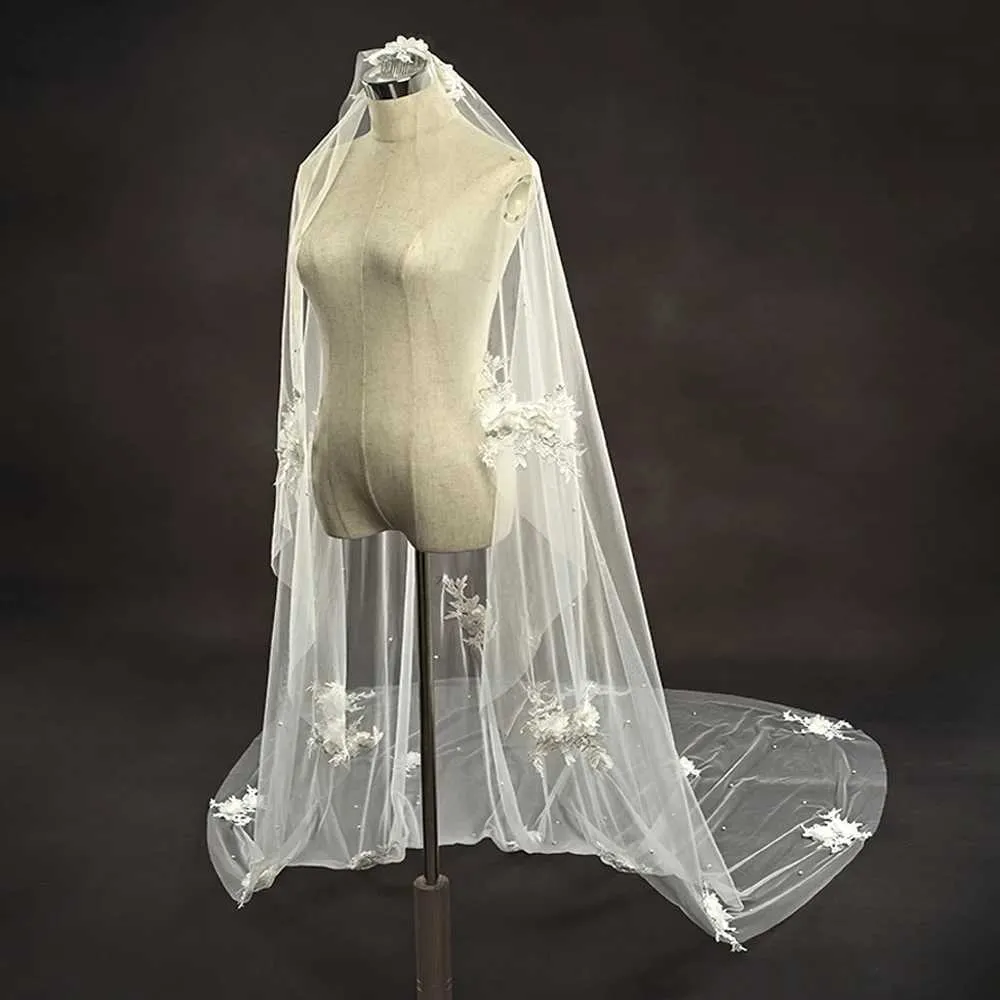 Gioielli per capelli 3D Fiori Veli da sposa Perle Velo 1 strato Lungo Cattedrale veu con pettine Accessori da sposa per la sposa VP56_voghion.com