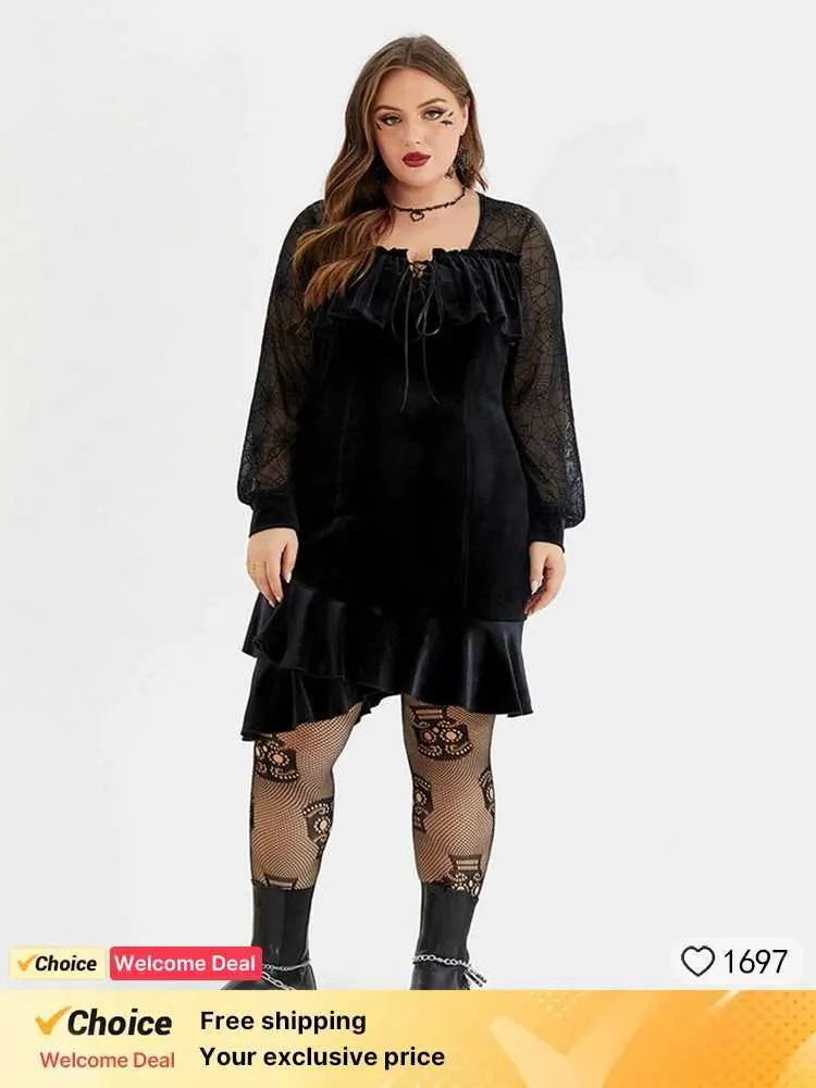 Plus size jurken plus formaat kleding gothy hallown fluwelen spider web mesh fluwelen ruche zoomjurk voor vrouwen vintage mini jurk gotische kleding y240510