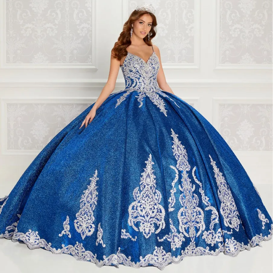 Robe de bal en perles bleu royal robes quinceanera spaghetti panhets couche robes de bal appliquée
