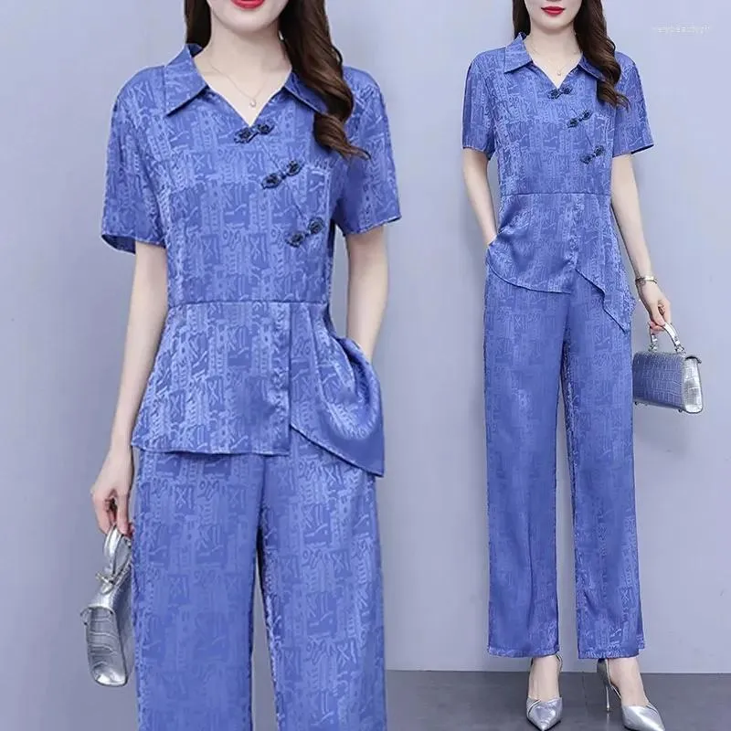 Women's Two Piece Pants Ladies 2-Piece Set 2024 Summer Temperament Top Grade High-end Versatile Jacquard Loose Female 2PCS