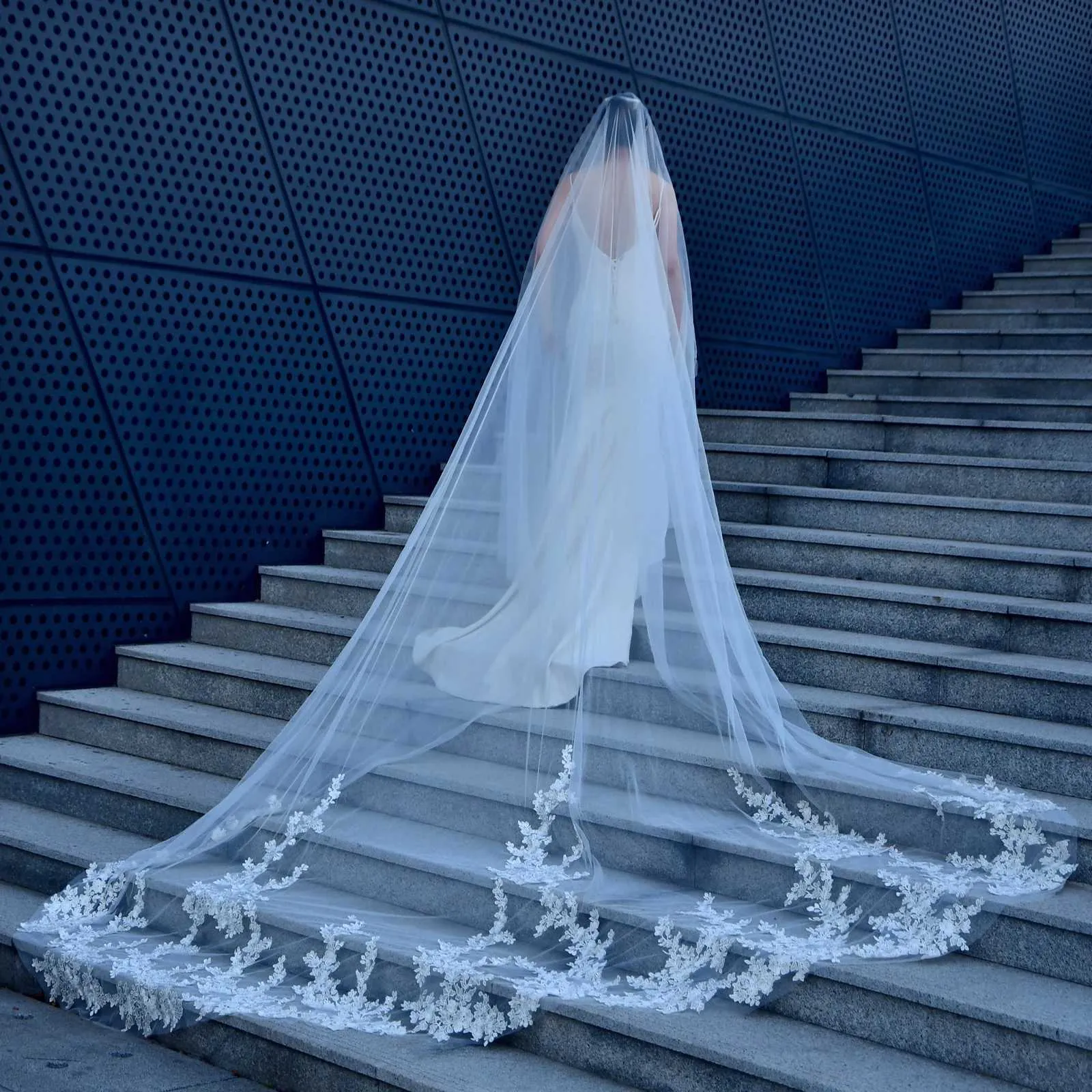 Hair Jewelry Wide Tree Vine Lace Patch Wedding Veil Long Cathedral Style Illusion 1 Tier with Comb Bridal Accessories_voghion.com