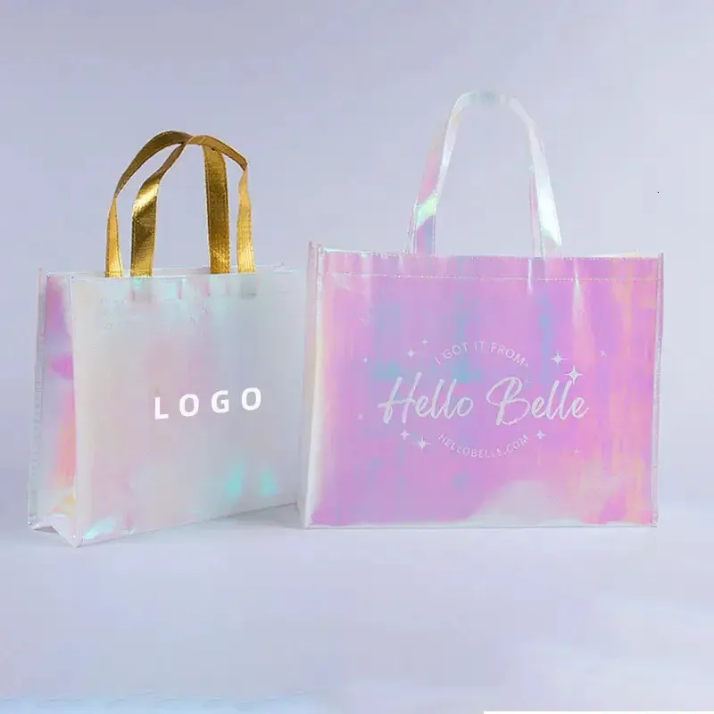 Custom Printed Metallic Shopping colorful tote bags Pink Rainbow Iridescent Holographic Non Woven Wedding Gift Bag with Guest Attire 240504