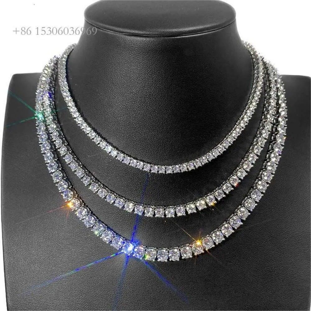 Hip Hop 16''-24'' White Gold Plated Necklace With 3Mm 0.1Ct VVS Moissanite Diamond Chain Tennis Fashion Jewelry