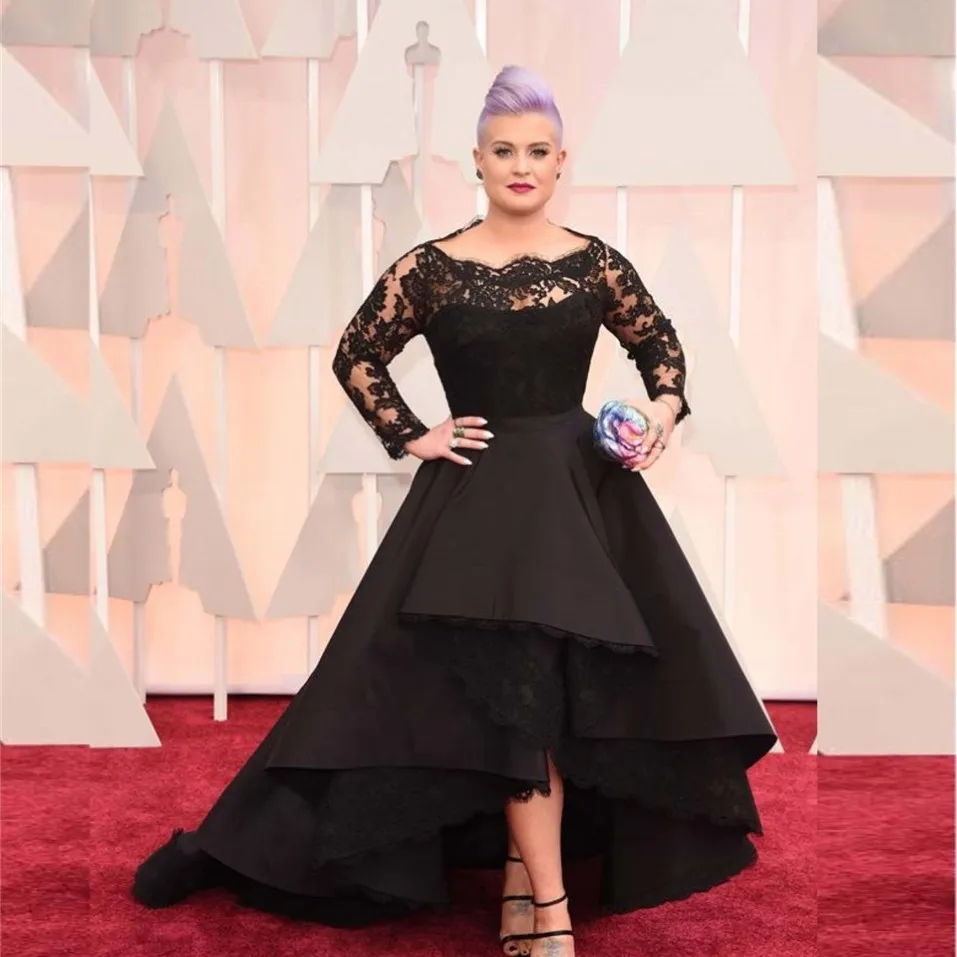 Długie sukienki formalne w dużych rozmiarach Oscar Kelly Osbourne Celebrity Black Lace High Low Red Carpet Sheer Sukienki wieczorowe Ruffle Suknie S 315Q