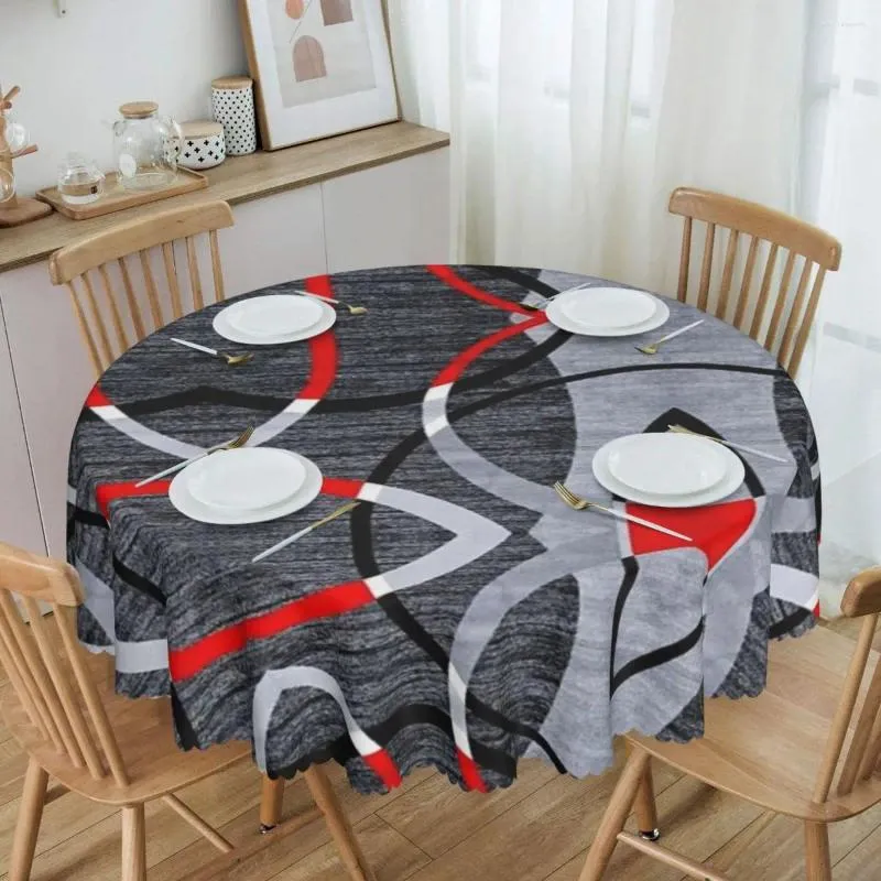 Tafelkleed Ronde Oilbestendig moderne abstract grijs rode wervelingen bedekken geometrisch patroon tafelkleed voor dineren 60 inches