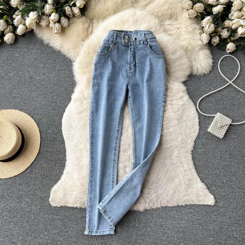 Женские джинсы ниша дизайн двухбортный женский тонкий посадка и высокий стиль, микроэластичный стиль с высоким стилем.