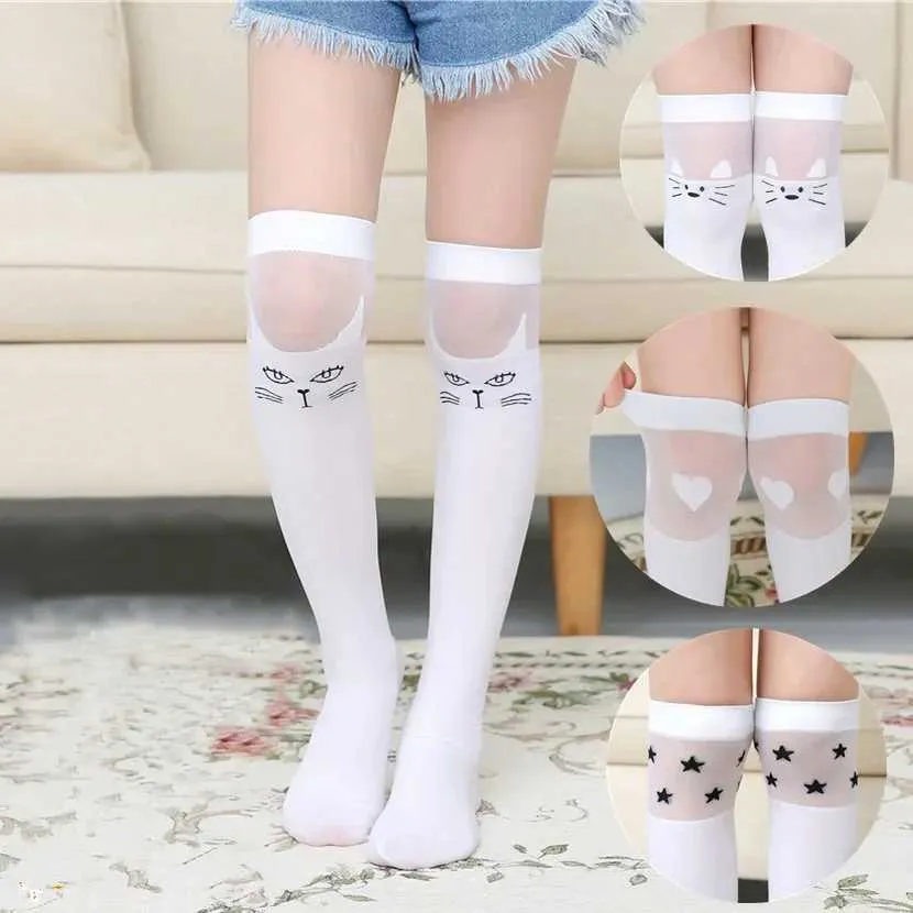 Barnstrumpor Summer Thin New Breattable Childrens Tube Socks Student Kne Over Girl Long Socks Cat Semi Executive White Black D240513