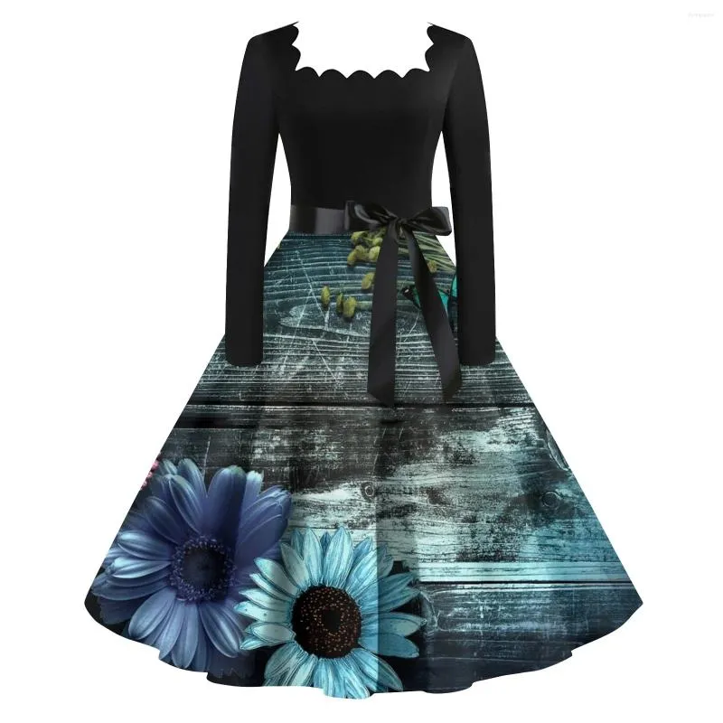 Valentine's Day Printed Square-Neck Casual Dress for Women - Elegant High Waist Pullover with Long Sleeves