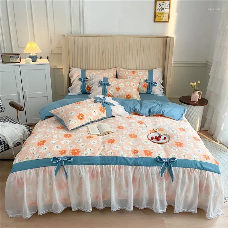 Set di biancheria da letto arancione copripiumino set di coperture per la principessa coreana in pizzo foglio di foglio di foglio di filowcase 4pc oversize