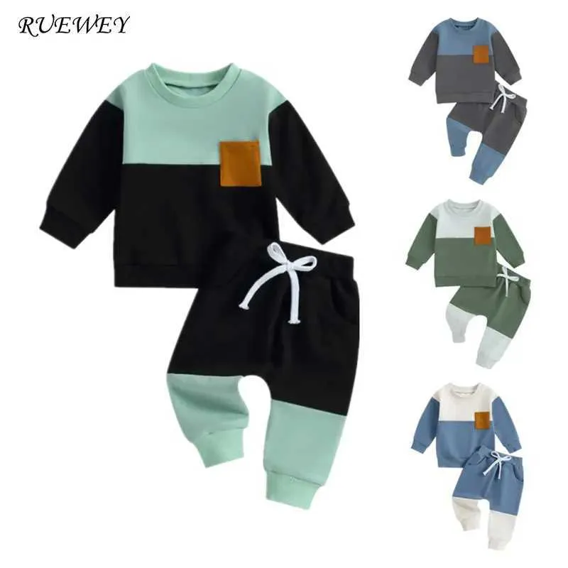 Ensembles de vêtements Ruewey Baby Boy Contrast Pantal Pantal Colorful Set Spring and Automne Vêtements Sweatshirt à manches longues Top et Bottom Set Baby Clothingl240513