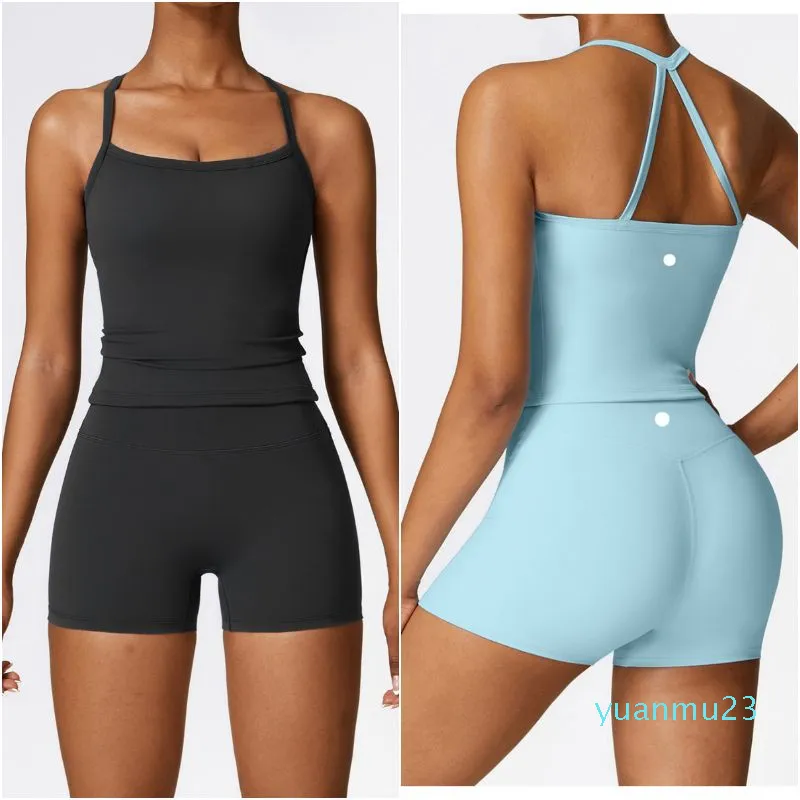Womens LL-8519 Yoga Outfit Yoga Sets Pants Vest Excerise Sport Gym Running Trainer Casual Shorts Elastic High Waist Sportwear