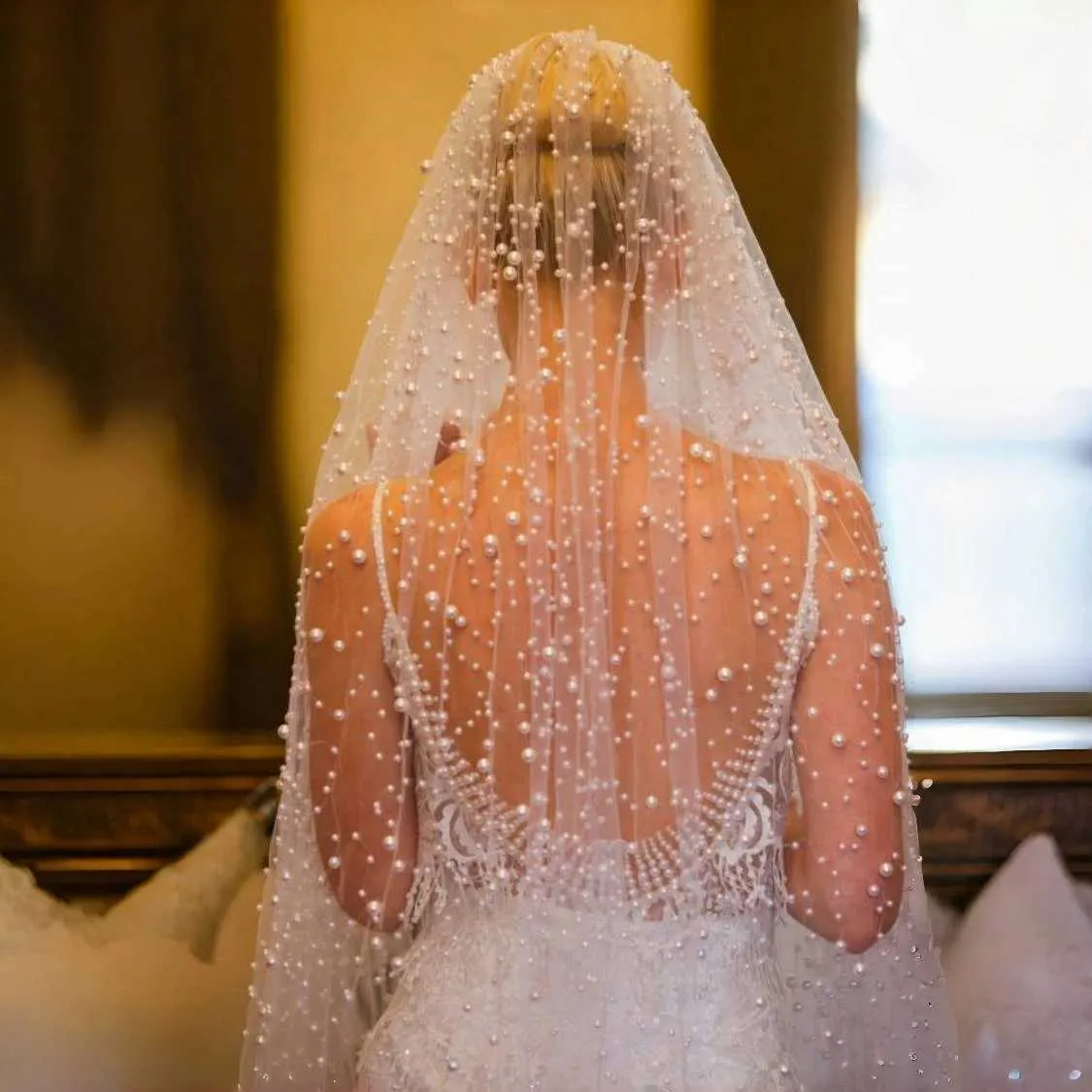 Gioielli Cattedrale 3/4 / 5M Matrimonio lungo con perle Perline di fascia alta 1 livello Velo di perle Accessori per capelli da sposa VP113_voghion.com