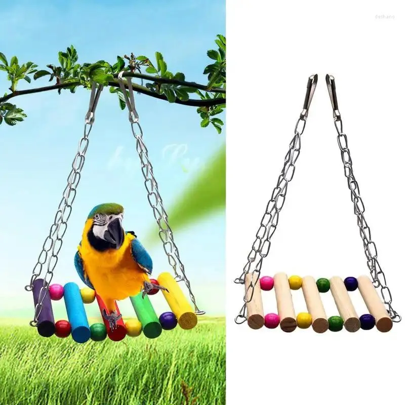 Andra fågelförsörjningar Stege Bridge Färgglad träsvängning med metallkedja Hållbara tuggleksaker Hangings Pet Cage Accessoarer för papegojor