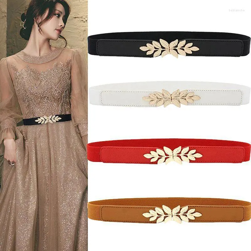 Belts Waist Belt Elastic Slim Decorative Stretchy Quick Release Tight Black Golden Plated Leaf Buckle Dress Waistband Jeans