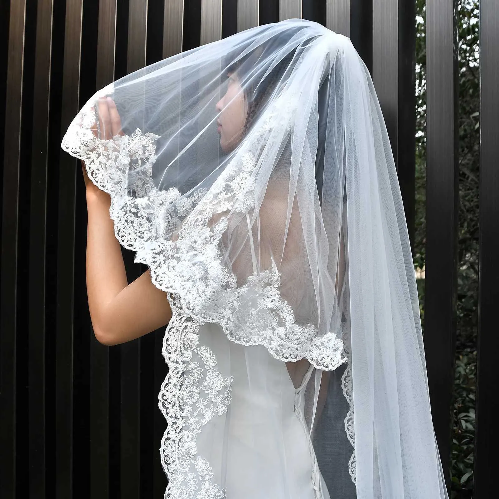 Gioielli per capelli M24 Veli lunghi 2 strati Sposa con fard Cattedrale Lunghezza Pizzo Applique Bordo Velo Accessori da sposa_voghion.com