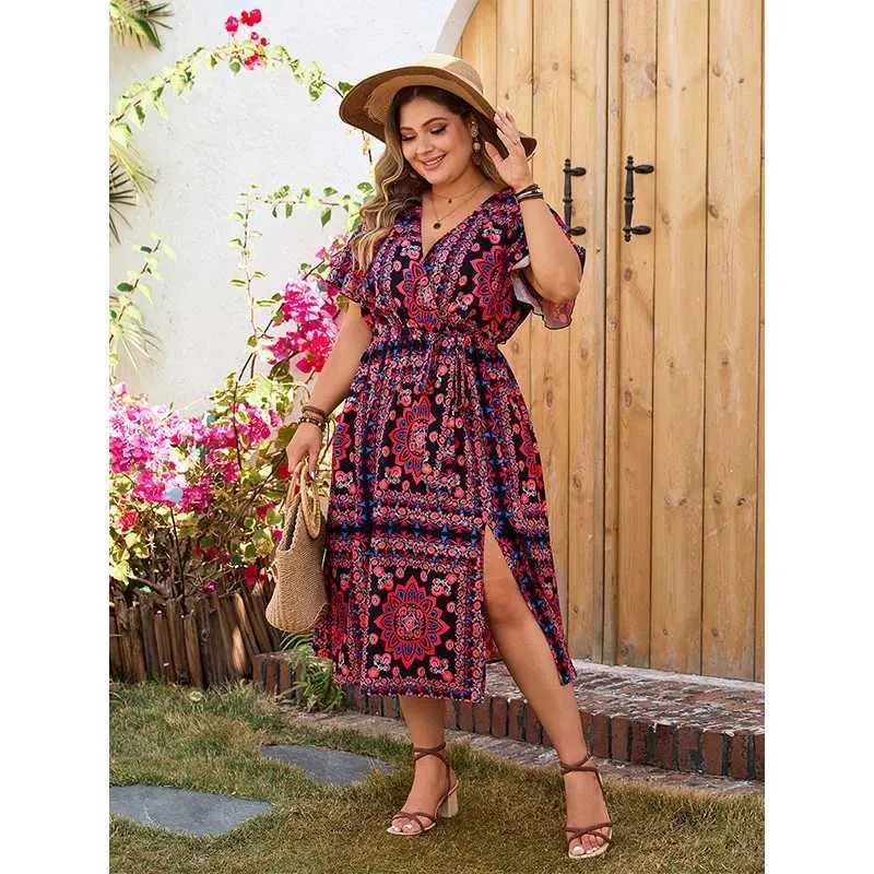 Plus size jurken plus maat gewikkeld v-neck dames jurken korte ruches slves a-line taille riem bohemia print gewaad split losse vakantiedoek y240510